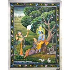 Radha Krishna Art Hindu Original Fine Painting Silk Cloth Unframed Handmade P4